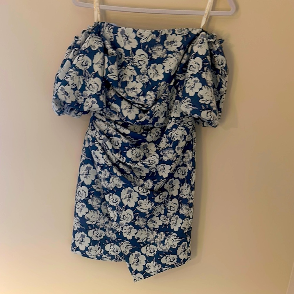 Shoshanna Blue and White Ruffled Off-Shoulder Mini Dress
